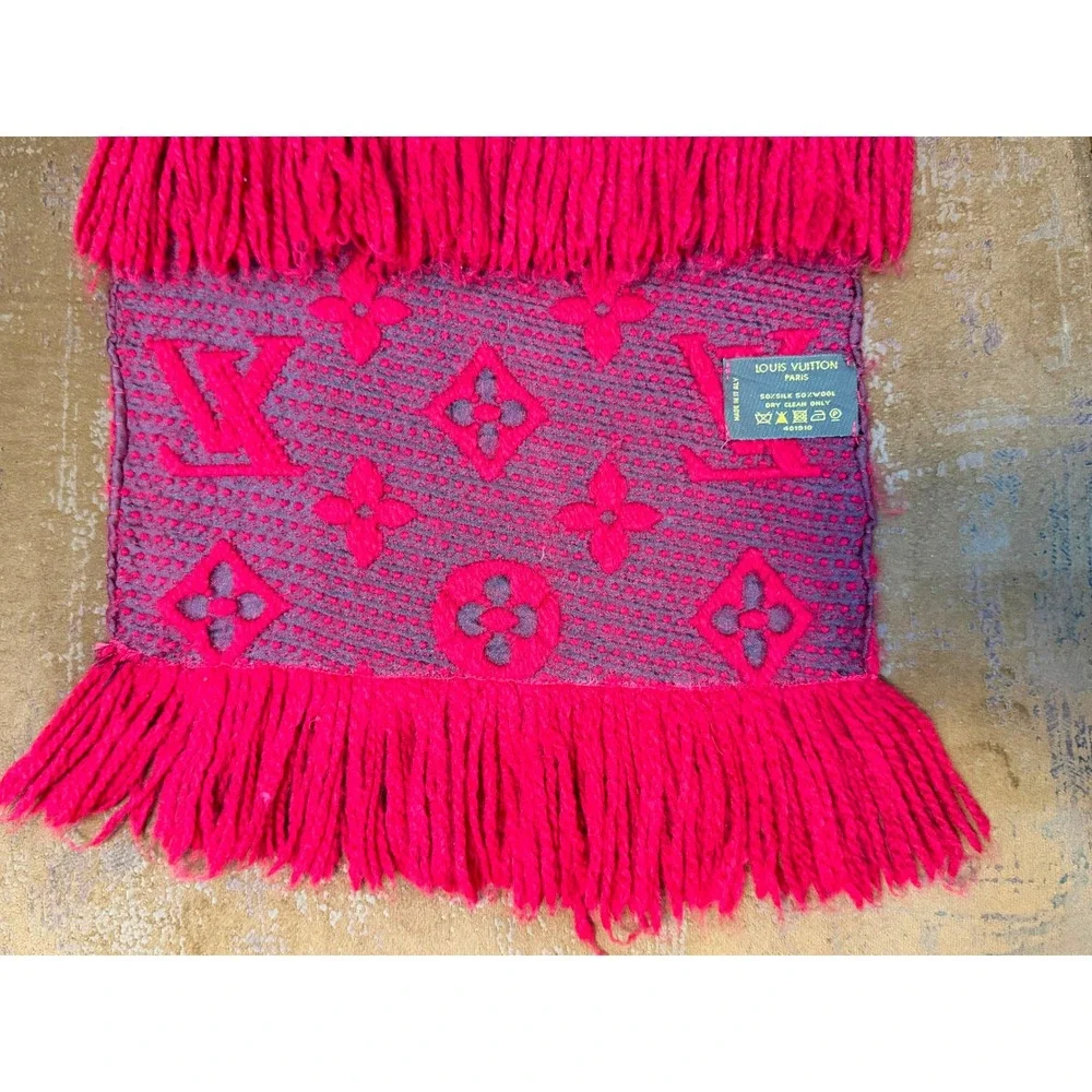 Louis Vuitton Logomania Scarf Ruby Red Purple Silk Wool Monogram Made in Italy